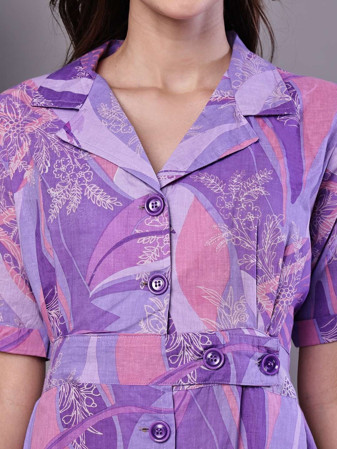Women's Purple Abstract Print Cotton Shirt Dress - Image 5