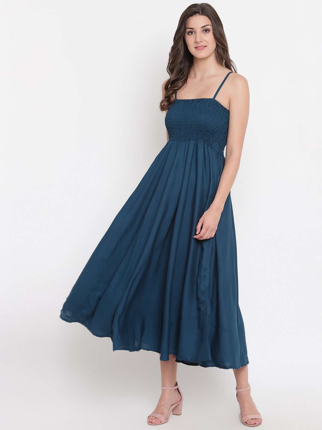 Women's Viscose Rayon Solid Shoulder Straps Sleeveless Flared Gown Drees (Teal Blue)